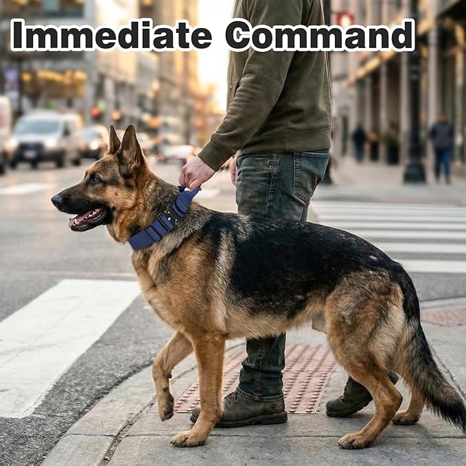 Joytale Tactical Dog Collar for Medium Dogs with Control Handle, Heavy Duty Military Training Collar for Power Breeds, AirTag Holder Case, Quick Release Metal Buckle, Soft Padded, M, Navy Blue