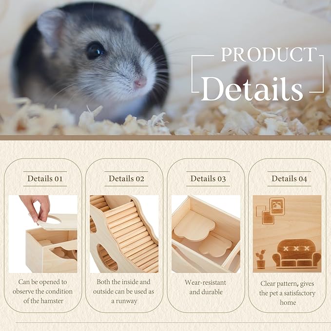 Seenelling 2 Pcs Hamster Hideout Set House and Tunnel, Exploring Tunnel with Climbing Ladder, Secret Observe Shed for Syrian Hamsters, Gerbils, Hedgehogs, Rats, Mice, Small Animals Pets Toys