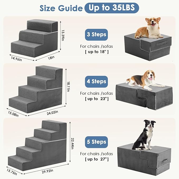 DUMOS Dog Stairs for Small and Medium Dogs, 3-Step Pet Steps with High-Density Foam, Indoor Non-Slip Pet Ramp for Puppy and Older Dogs Cats, Dog Bed Stairs for Couch and Sofa, Grey