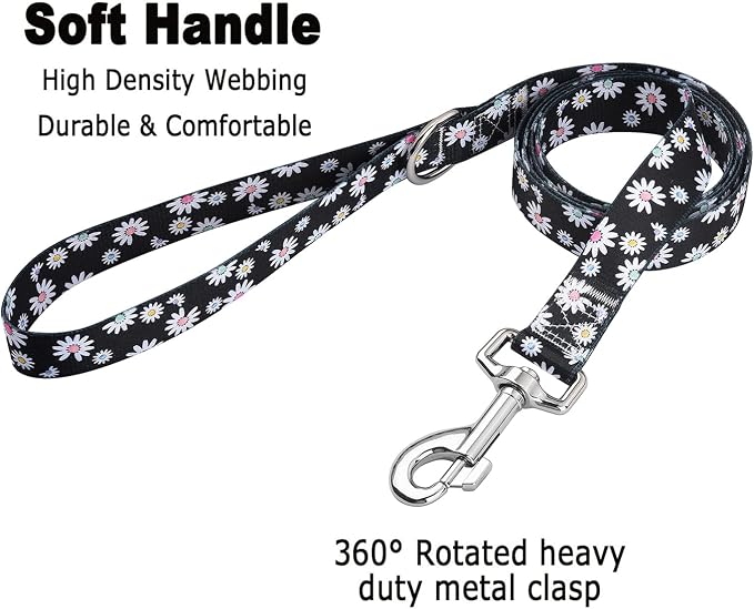 MarukoPet Dog Collar and Leash Set, Adjustable for Small Medium Large Dogs Puppy, Cute Design with Bohemia Floral Tribal Geometric Patterns Boys Girls Dog Collar(Black Daisy Set,S)