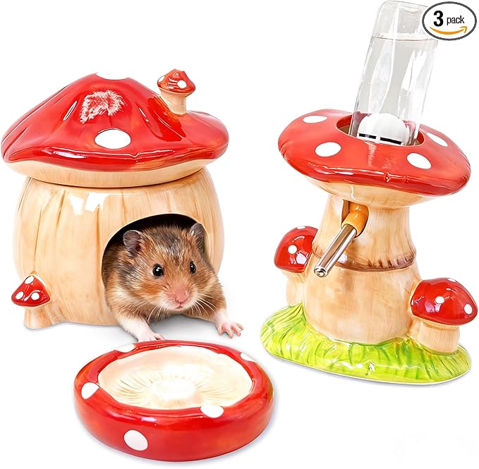 BNOSDM 3-in-1 Ceramic Hamster Hideout, Food Bowl, Water Bottle with Stand - Mushroom Shape - Red
