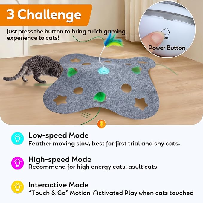 Giociv Interactive Cat Toys for Indoor Cats Exercise Toys Spin Feather Wand Tumbler Base, Touch Activate Mode Peek-A-Boo Felt Cover Toy Rechargeable