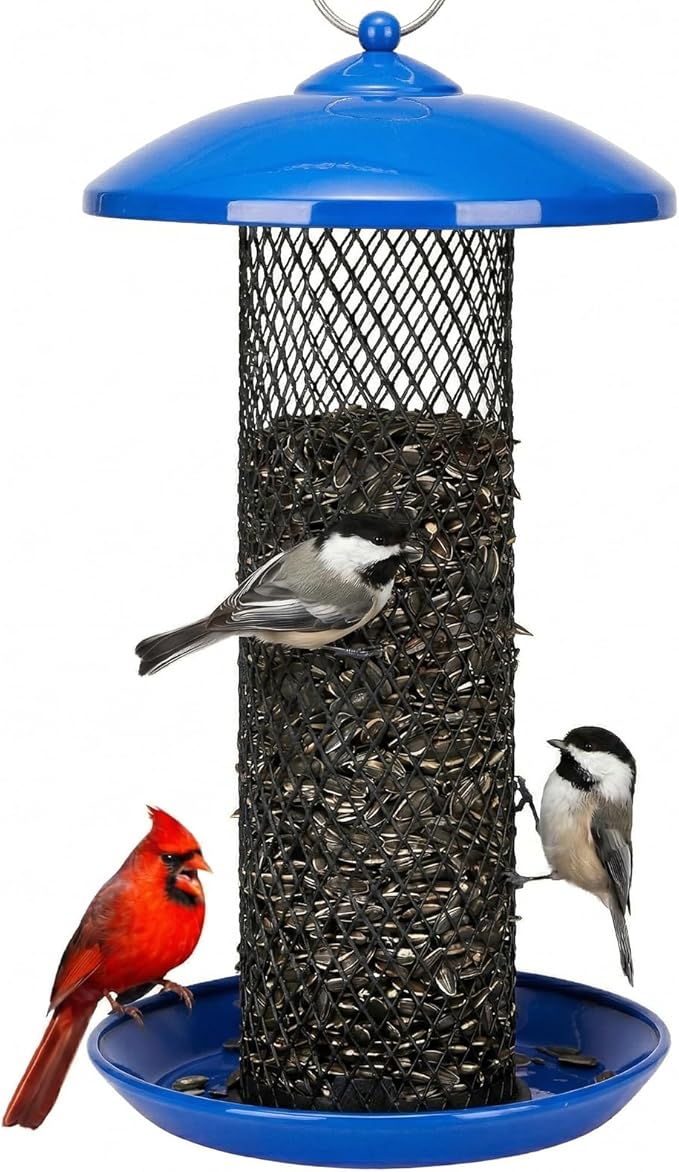 Kingsyard Mesh Tube Bird Feeders for Outdoors Hanging, All Metal, Wild Bird Feeder for Sunflower Seeds or Mealworm, Large Tray & Weatherproof Roof, 2.5 lbs Capacity (Blue)