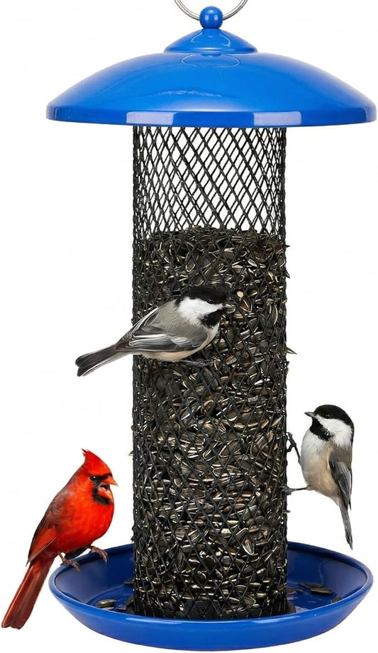 Kingsyard Mesh Tube Bird Feeders for Outdoors Hanging, All Metal, Wild Bird Feeder for Sunflower Seeds or Mealworm, Large Tray & Weatherproof Roof, 2.5 lbs Capacity (Blue)