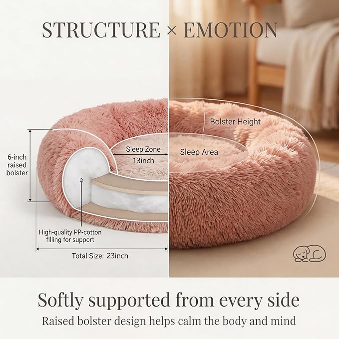 Calming Donut Dogs Beds for Small Dogs Washable,23inch Plush Round Pet Bed for Cozy Sleep,Fluffy Faux Fur Large Cat Bed,Fits up to 25 lbs Pets,Pink