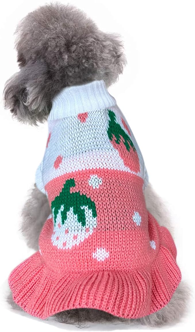 CHBORCHICEN Pet Dog Sweaters Classic Knitwear Turtleneck Winter Warm Puppy Clothing Cute Strawberry and Heart Doggie Sweater (XXS, Dress-Pink)