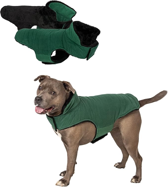Furhaven Reversible Medium Dog Coat, Washable & Insulating w/ Leash Access - Faux Fur & Quilted Fleece Flex-Fit Jacket - Black/Green, Medium