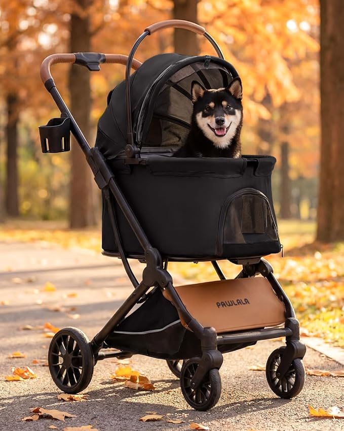 Pet Stroller with Detachable Carrier for Small, Medium Dogs & Cats, Lightweight Foldable Design, Travel-Ready, Compact Storage (Midnight Black)