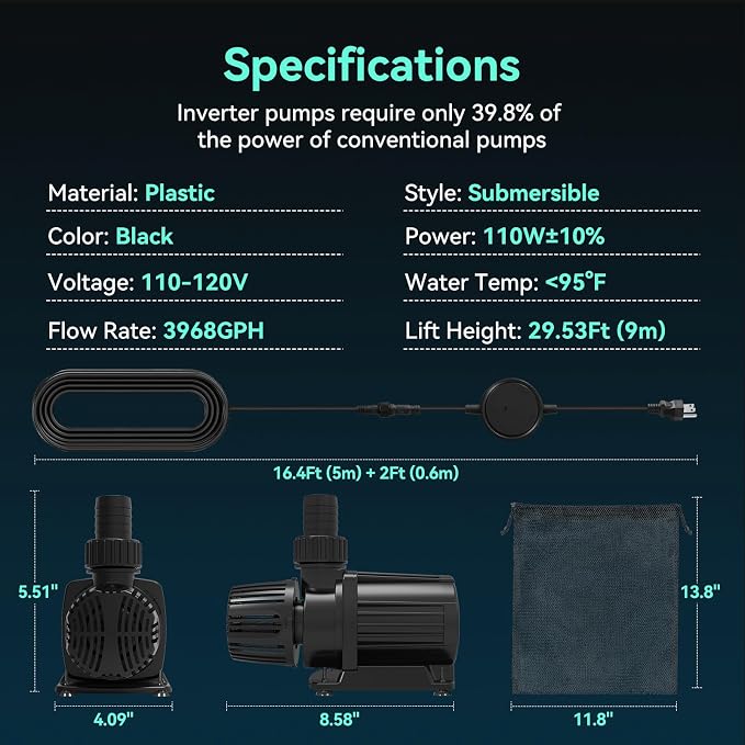 3968 GPH Submersible Water Pump, 110W Pond Pump,Ultra-Quiet Fountain Pump | 29.6FT. Lift Height for Koi Pond Pool, Waterfall, Fish Tank, Hydroponic, Ultra Quiet, Barrier Bag & 16.5FT Power Cord
