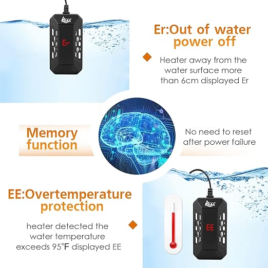 AQQA Aquarium Submersible Heater for Fish Tank,HD Temperature Display and Built-in Thermometer,External Controller Temperature Control Range 59℉-93℉,Safety Control Protects 25W