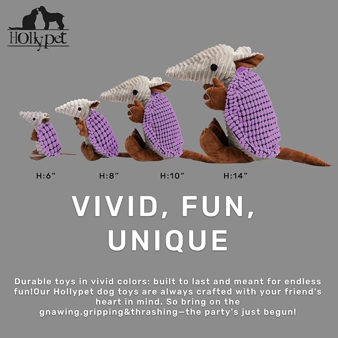 Hollypet Plush Dog Squeaky Toy Stuffed Armadillo Animal Pet Puppy Chew Toys with Clean Teeth for Small Medium Large All Breed Sizes Dogs, Purple, 6 in