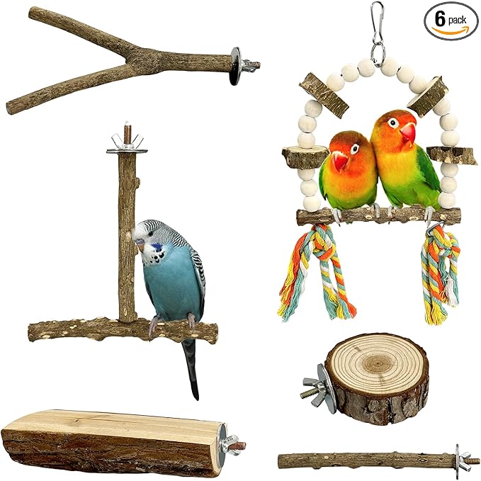 6 pcs Natural Wood Bird Perch Set, Claw-Trimming Fork Perch, Budgie Climbing Standing Branch Toy, Chewing Stick Cage Accessories, Suitable for Budgies, Lovebirds, and Cockatiels