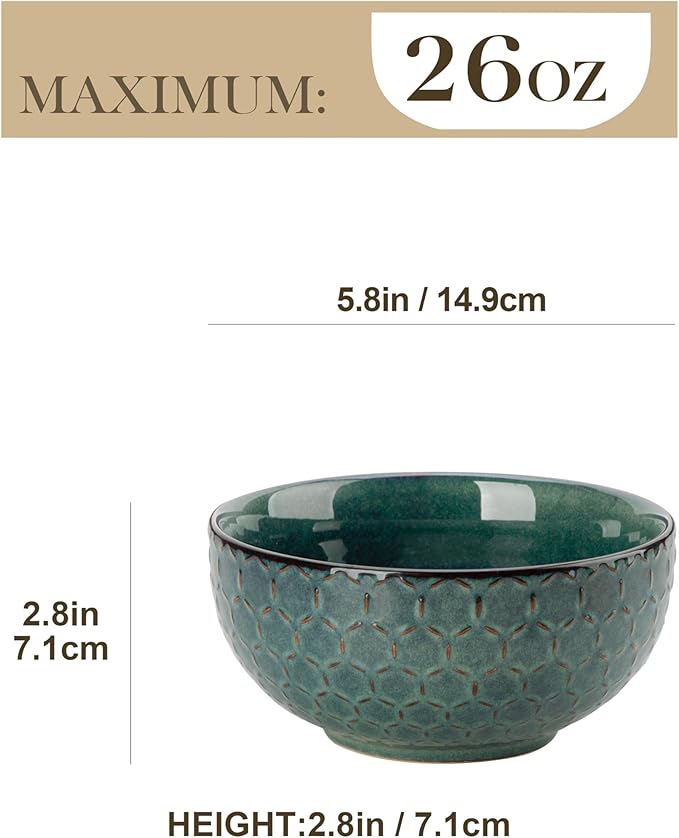 MALACASA Cereal Bowls, 30 Ounce Ceramic Green Soup Bowl for Kitchen, Stoneware Bowls Set of 4 with Embossment for Pho, Chip, Fruits, Salad, Noodle, Ramen - 6 Inch, Series LYDIA