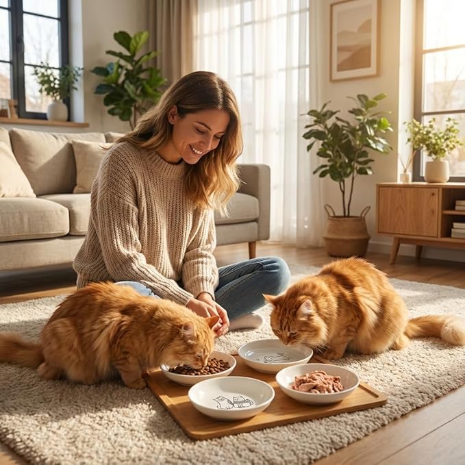 6 PCS Cat Bowls,Cat Food Bowl,Anti Whisker Fatigue Ceramic Cats Dishes for Indoor Cats,Shallow Wide Kitten Plates for Wet & Dry Food and Water,Non-Slip Silicone Base (Cute Drawing cat)