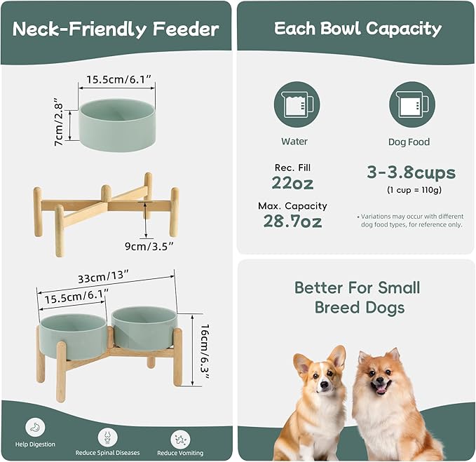 Havniva Ceramic 6.1inch Raised Dog Bowl with Stand for Small and Medium Breed Dog Dish Pet Food and Water Bowl (Double Bowl with Stand - Light Green, 28oz)