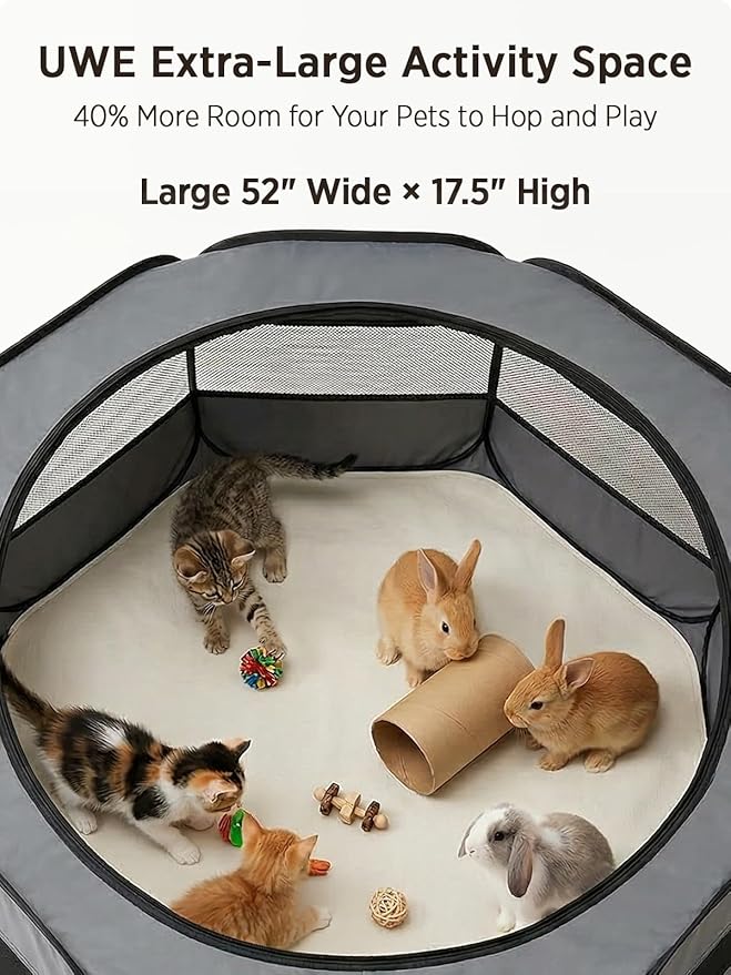 UWE Extra Large Small Animal Playpen, XL Portable Pet Playpen for Rabbit, Kitten, Guinea Pig, Hamster, Puppy – Waterproof Foldable Mesh Tent with Zipper Cover, Indoor Outdoor Use, Dark Grey