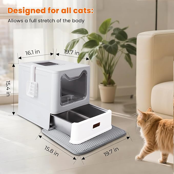 Stainless Steel Litter Box with Lid and Pull-Out Drawers, XL Metal Litter Box Top Entry for Big Cats, Leak-Proof Baffles for Easier Cleaning, with Litter Mat & Scoop
