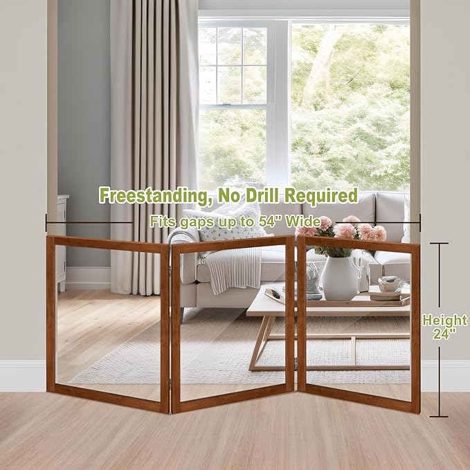 LZRS Clear Dog Gate for Indoor Use - Transparent Pet Fence with Solid Hardwood and Plastic Board, Stylish & Durable freestanding Pet Gate for Doorways, Stairs and Hallways-3 Panel Cherry