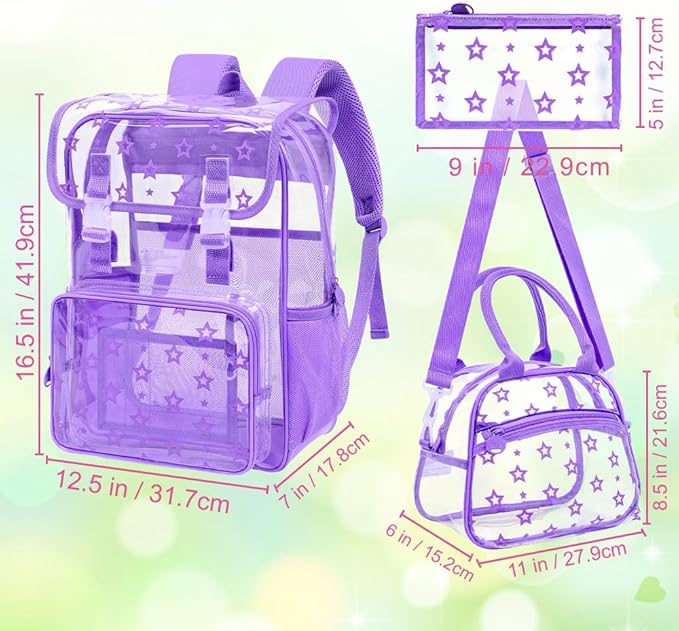 17" Clear Backpack for Girls - 3Pcs Flip Design Stadium Approved Set, Campus/Travel Transparent Bookbag (Purple)