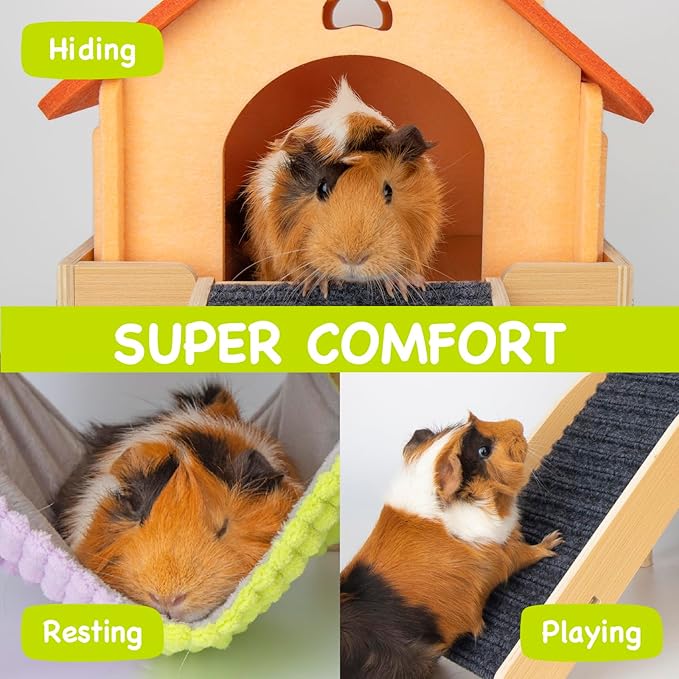 BESNEW 3 in 1 Enlarged Guinea Pig Hammock,Wooden Guinea Pig Hideout with House & Platform & Stairs Small Animal Toys for Hiding Sleeping Activities
