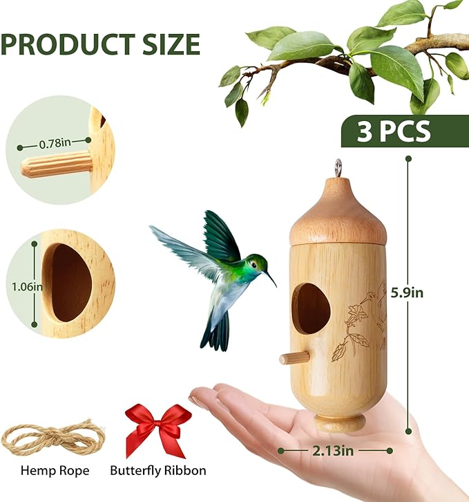 Hummingbird House, Small Hummingbird Houses for Outside, Wooden Bird House with Bow, String, Cute Gardening Gifts Home Decoration