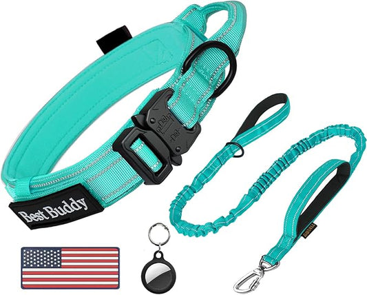 AUBELL Tactical Dog Collar and Leash Set, Reflective Adjustable Heavy Duty Military K9 Collars with Handle and Metal Buckle for Medium Dogs, with Airtag Case and 2 Patches(Teal,M)