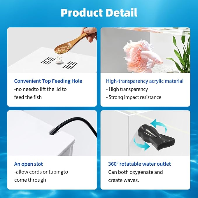 Fish Tank Betta 2.5 Gallon Desktop Small Beta Fish Aquarium Starter Kit with 25W Heater LED Light and Mini Water Pump & Filter Media Compact Aquarium for Betta Fish, Shrimp(White)