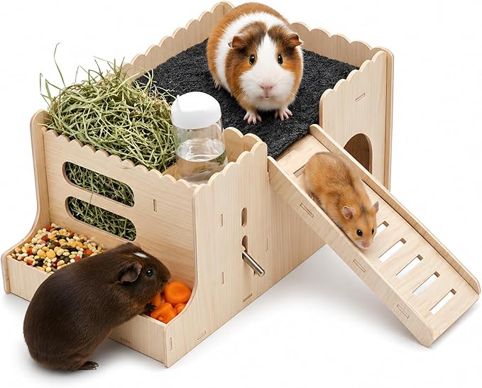 Large Guinea Pig Hideout, Hamster Hideout, with ramp, Easy to Assemble, Sturdy Wooden Small Animal Bed Platform, with Water Bottle, Granary, Used for Small Animal House Habitat or Hamster Hideout