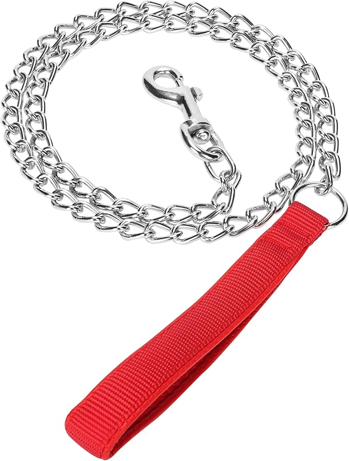 SGODA Metal Chain Heavy Duty Dog Leash, Chew Proof Dog Leash with Soft Handle for Large Size Pets Walking(4 ft. x 3.5 mm Red)