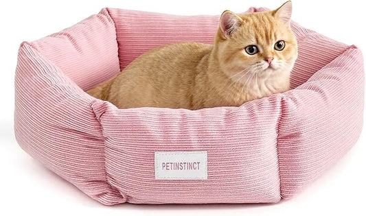 Cat Bed, 22 Inch Washable Corduroy Cat and Small Dog Bed with Removable Cover & Anti-Slip Bottom, Calming Comfort Pet Bed for Pets up to 15 lbs (Pink)