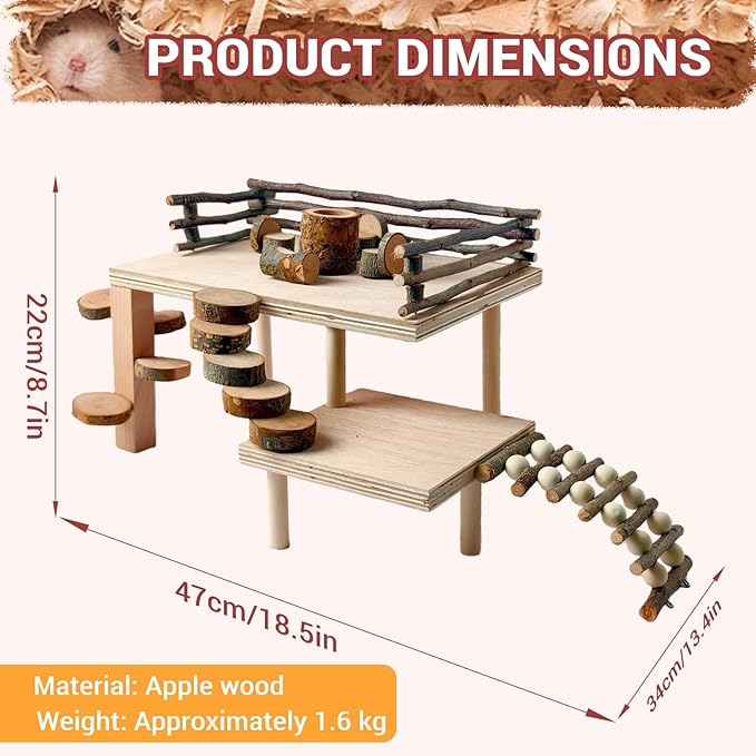 VolksRose Wooden Hamster Playground Platform, Hamster Climbing Toy, Natural Living Climb System, Small Animals Activity Set with Ladder Food Bowl Ramp Bridge for Mouse Gerbil Rat Chinchilla