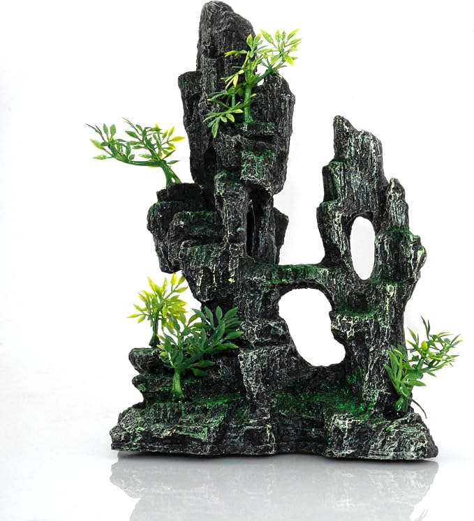 Aquarium Mountain View Stone Ornament, Large Resin Hideout Cave for Betta & Shrimp, Fish Tank Decor Rock Cave with Fish Cave and Hideouts (8.1" x 4.7" x 10")