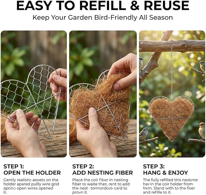 Handmade Fiber Bird Nesting Heart, Refillable Nesting Material for Wild Bird, Hanging Hummingbird Houses Nest Outdoor Garden Art Birdhouse Decortion Gifts for Bird/Nature Lovers