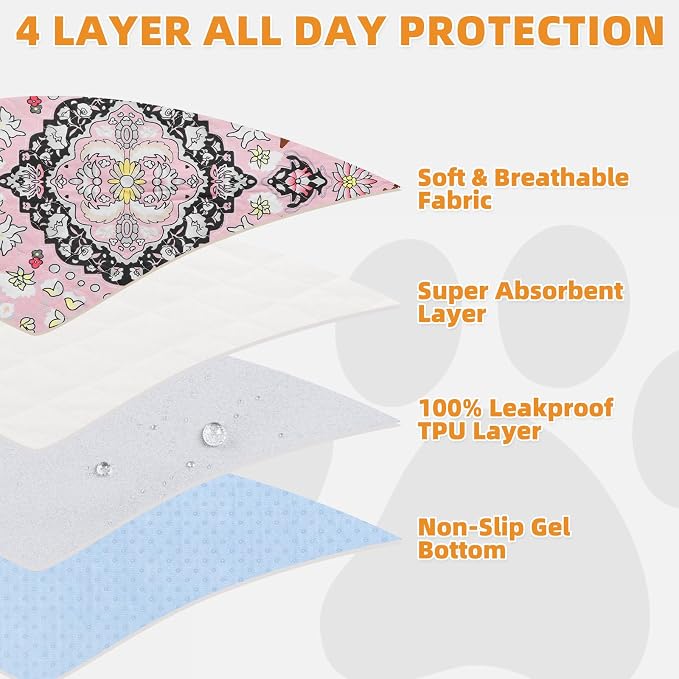 KOOLTAIL Washable Pee Pads for Dogs, 4 Pack Super Absorbent Reusable Puppy Training Pads Waterproof, Nonslip and Leak-Proof Dog Pee Pads, Large Pet Mats Whelping Pads for Floor, Crate, Couch, 24"x36"