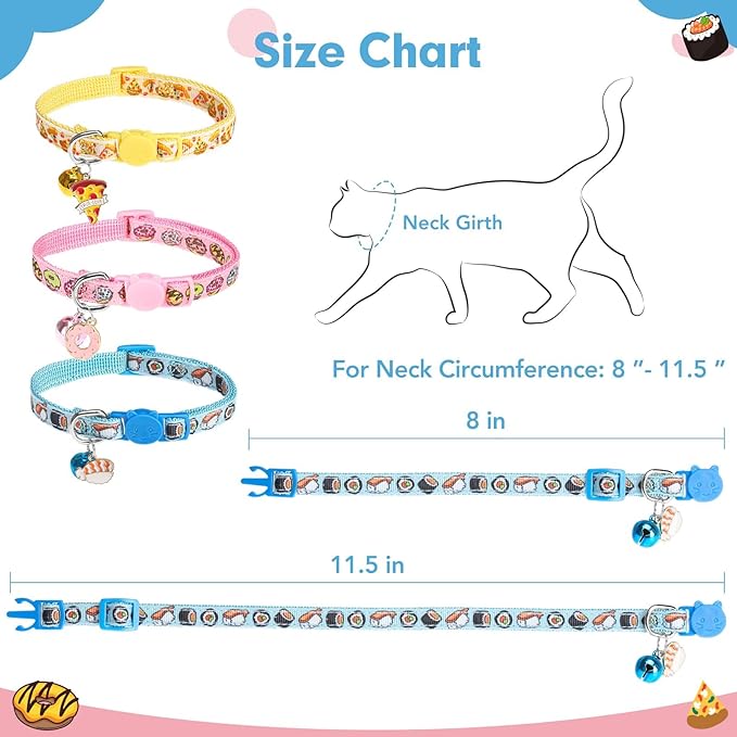 BINGPET Christmas Breakaway Cat Collar with Bell,3 Pack Cat Collars for Girl Cats, Cute Kitty Collars Accessories with Donut & Sushi & Pizzas(Yellow/Pink/Blue)