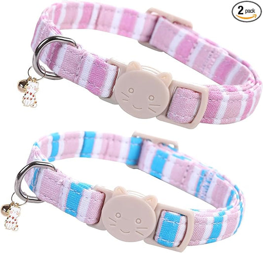 Elegant little tail 2 Pack Cat Collar-Pink Strip Cotton Breakaway Cat Collars with Bell Pendant Kitten for Girl Safety Adjustable Collar for Small Cats Puppy