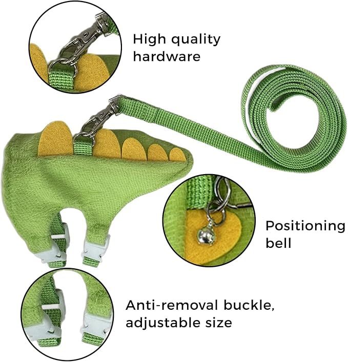 Harness and Leash Set for Small Pets, Dinosaur Shaped Vest Harness, Adjustable Soft Plush Vest with Bell for Guinea Pigs, Ferrets, Hamsters, Hedgehogs - Safe Outdoor Walking Adventure Gear,Green