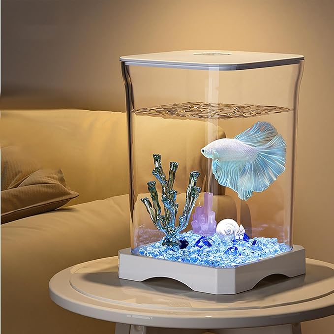 Small Fish Tank - LED Aquarium, Acrylic Mini Bowl with Feeding Hole, Compact Betta Container, Clear Stylish Design | Home Office Decoration, Desktop Display, Bedroom Aquarium, Small Aquatic Habitat