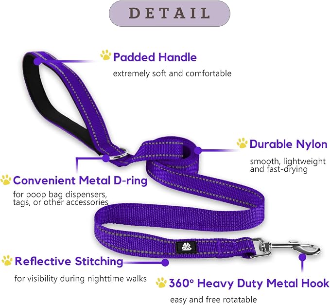FURRYFECTION Reflective Dog Collar and Leash Set with Quick Release Buckle, Padded with Neoprene Adjustable Nylon Dog Collar for Small Medium and Large Dogs (Large Collar+5FT Leash, Purple)