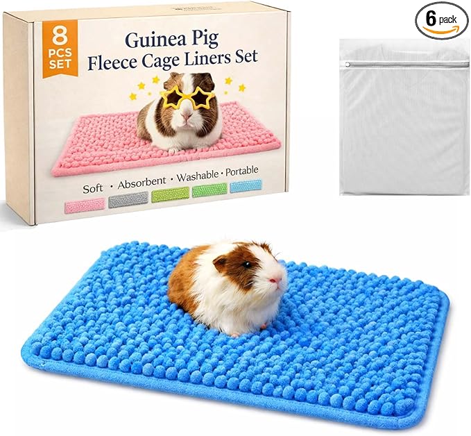 Guinea Pig Fleece Cage Liners Set, 20 * 12In, Washable Absorbent Pee Pads for Small Animals, Non-Slip Bottom, Soft Chenille Fleece Liners for Guinea Pig Cage (6, Blue)