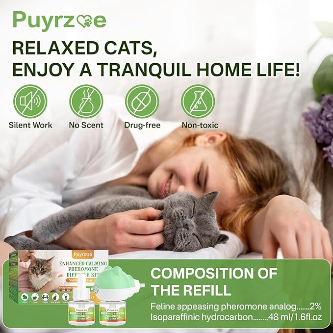 puyrzoe Cat Calming Diffuser with Timing Function, 3-in-1 Cat Pheromones Calming Diffuser Kit, 60-Day Anxiety Relief, Stress Relaxation Cat Pheromone Diffuser for All Cats (1 Diffuser + 2 Refills)