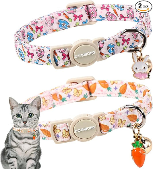 2 Pack Easter Cat Collars,DOGWONG Cute Breakaway Kitty Collars,Blue Bunny Pink Carrot Cat Collar with Bell, Easter Kitten Collars for Girl & Boy Cats