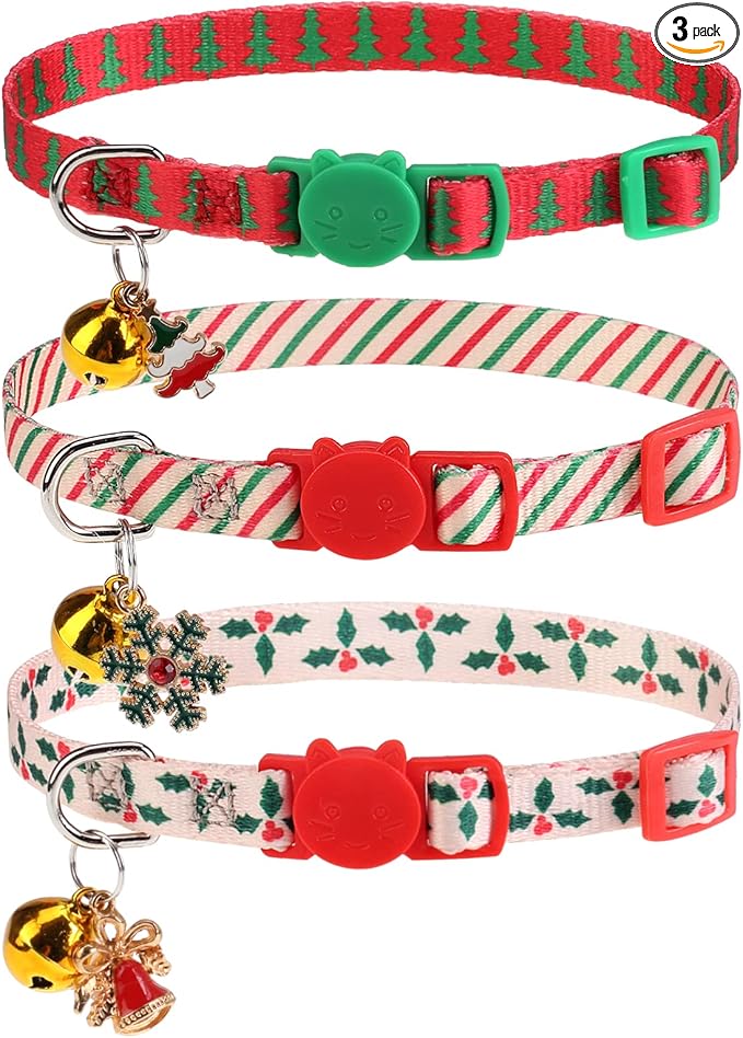 Christmas Breakaway Cat Collars with Bell & Cute Pendants - 3 Pack Adjustable Safety Kitten Collars - Xmas Collar for Kitten Cat Christmas Party