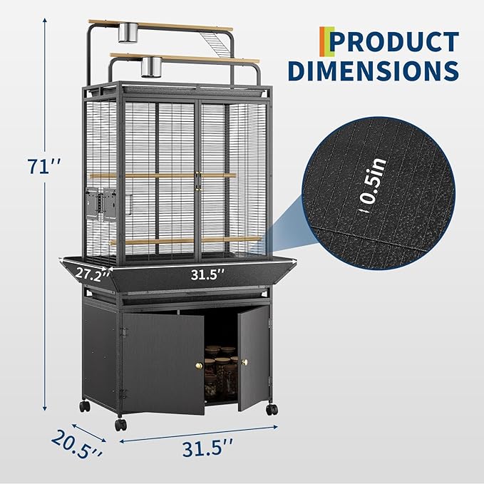 Garvee 71" H Rolling Bird Cage,Large Rolling Birdcage with Top Stand & Storage Cabinet,Black Walnut Wood Parakeet Cage for Macaw Parrot Cockatiel Budgie
