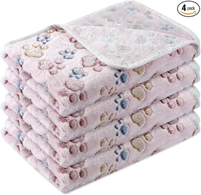 Tatuo 4 Pack Fleece Dog Blankets for Puppy Cats Multi-Size Sleep Mat for Pet Guinea Pig Soft Washable Warm Crate Bed Puppy Teething Toys Print Pattern Blanket Indoor(Beige,41 x 30 Inch,Paw)