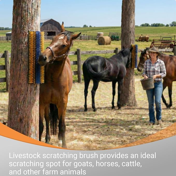 2 Pack Livestock Scratching Brush, Large Horse Grooming Brush Kit With Stainless Steel Curry Comb for Full Massage, Heavy Duty Animal Scratcher for Goat, Cow, Donkey, Horses, Barn or Pasture