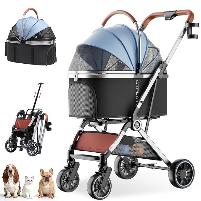 GTPLAYER Pet Stroller for Small Dogs & Cats, 3-in-1 Foldable Pet Stroller with Detachable Carrier, 360° Swivel Front Wheels & Rear Brakes, Up to 45 lbs, Light Blue