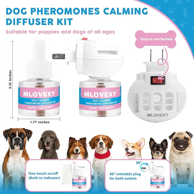 Dog Calming Diffuser for Dog Anxiety Relief, Dog Pheromones Calming Diffuser, Pheromone for Dogs to Reduce Stress, Calming Diffusers for Dogs to Stop Peeing(2 Refills 2 Diffusers)