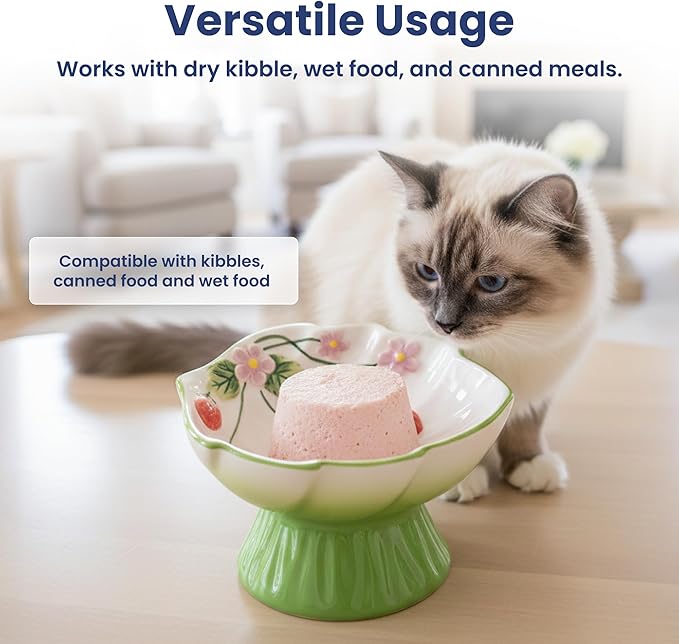 PawsPik Strawberry Blooms Elevated Ceramic Cat Bowl – Raised Cat Food Bowl with 15° Tilt, Whisker-Friendly Pet Feeding Bowl, Anti-Choking Dish, Dishwasher Safe (Green)