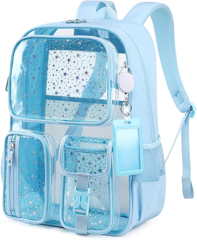 MUSEVOS Clear Backpack for School， Heavy Duty Clear Bookbag for Girls Transparent Backpack with Badge Holder, Blue Star